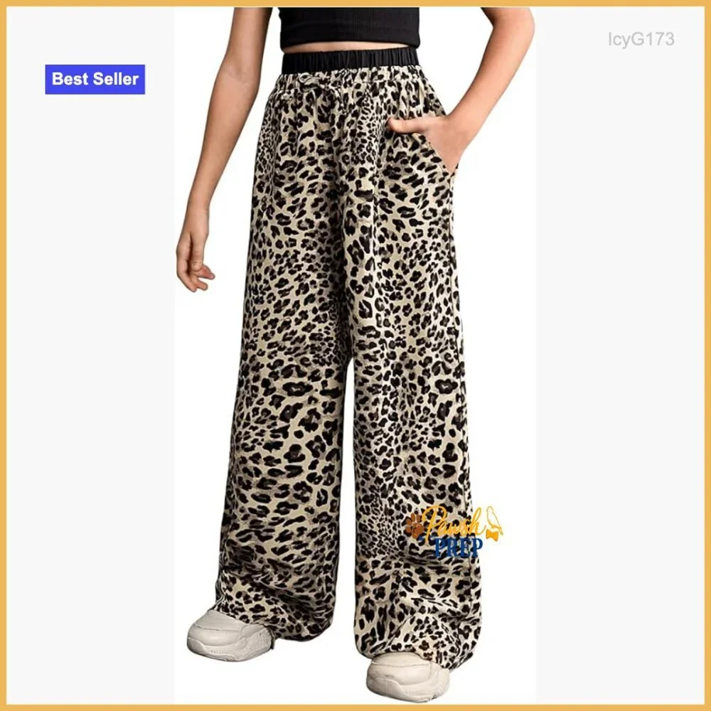 Girls Wide Leg Palazzo Pants with Drawstring Waist and Pockets